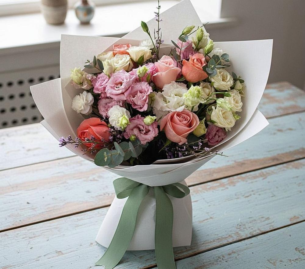 Букет цветов из: Розы, Лизиантусы и Гвоздики в Чайковском