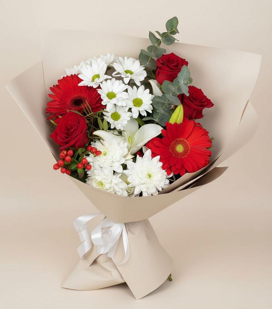 Букет цветов из: Розы, Хризантемы, Герберы и Лилии в Чайковском