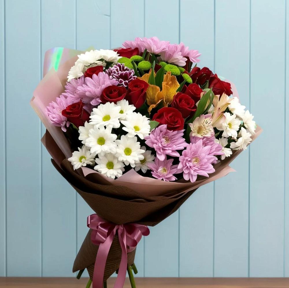 Букет цветов из: Розы, Хризантемы и Альстромерии в Чайковском