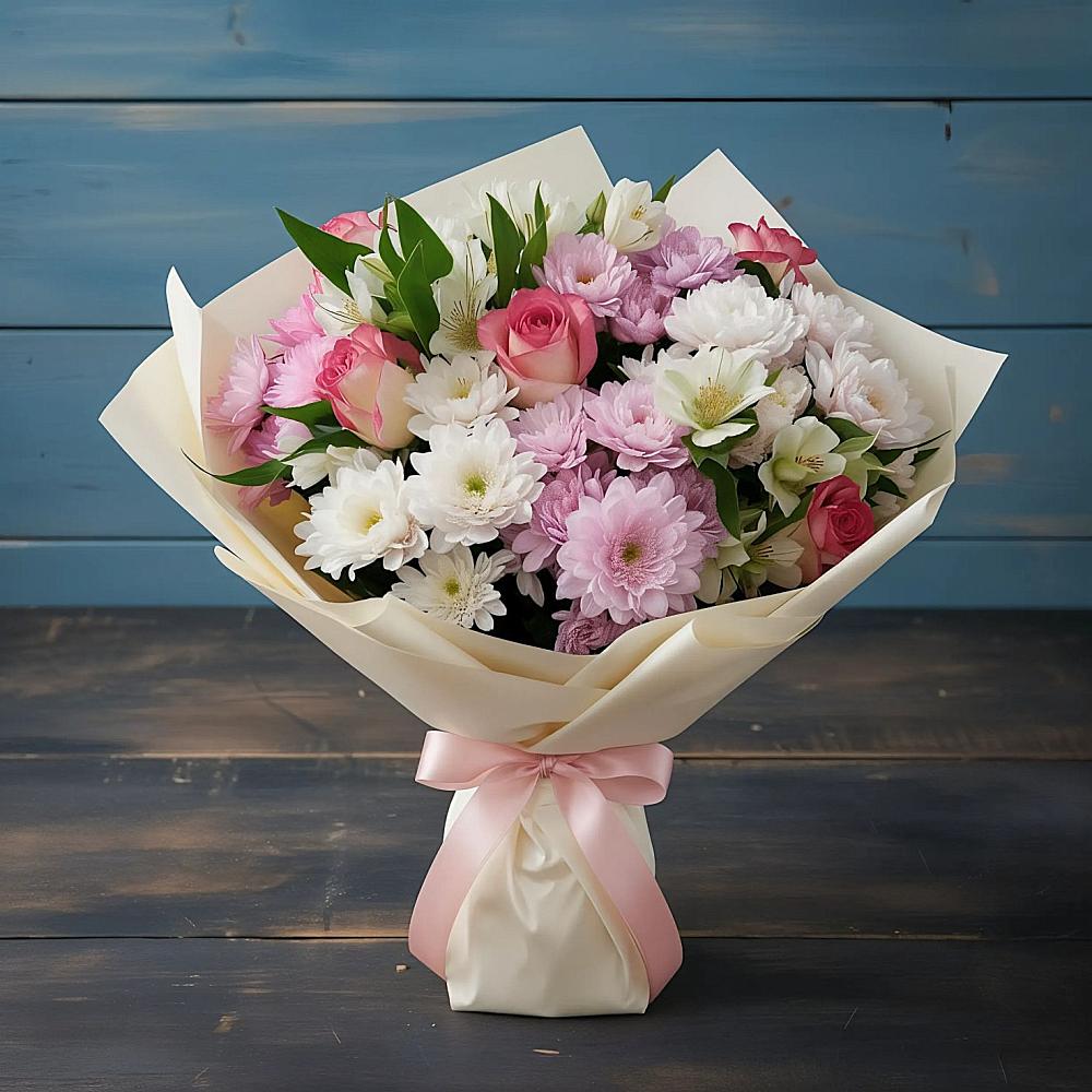 Букет цветов из: Хризантемы, Альстромерии и Розы в Чайковском